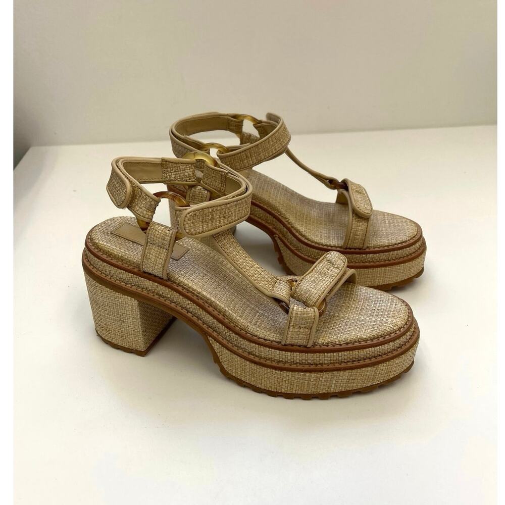 Cult Gaia Elka Platform Sandals Chunky Woven Raffia Block Heel T-Strap 36/US6